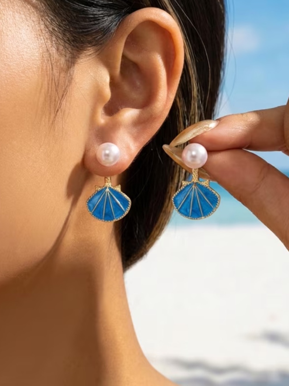 Pearl Top Blue Shell Fan Drop Earrings - Women Jewelry